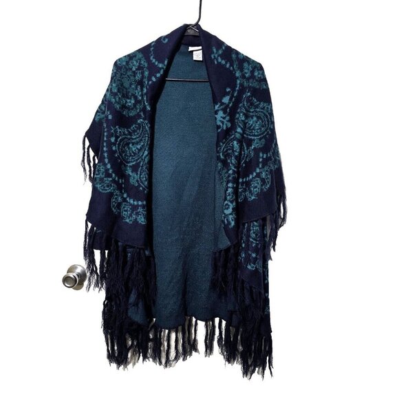 Catherines Open Cardigan OS Blue Fringe Floral Sleeveless Stretch Lagenlook Soft - Picture 1 of 9